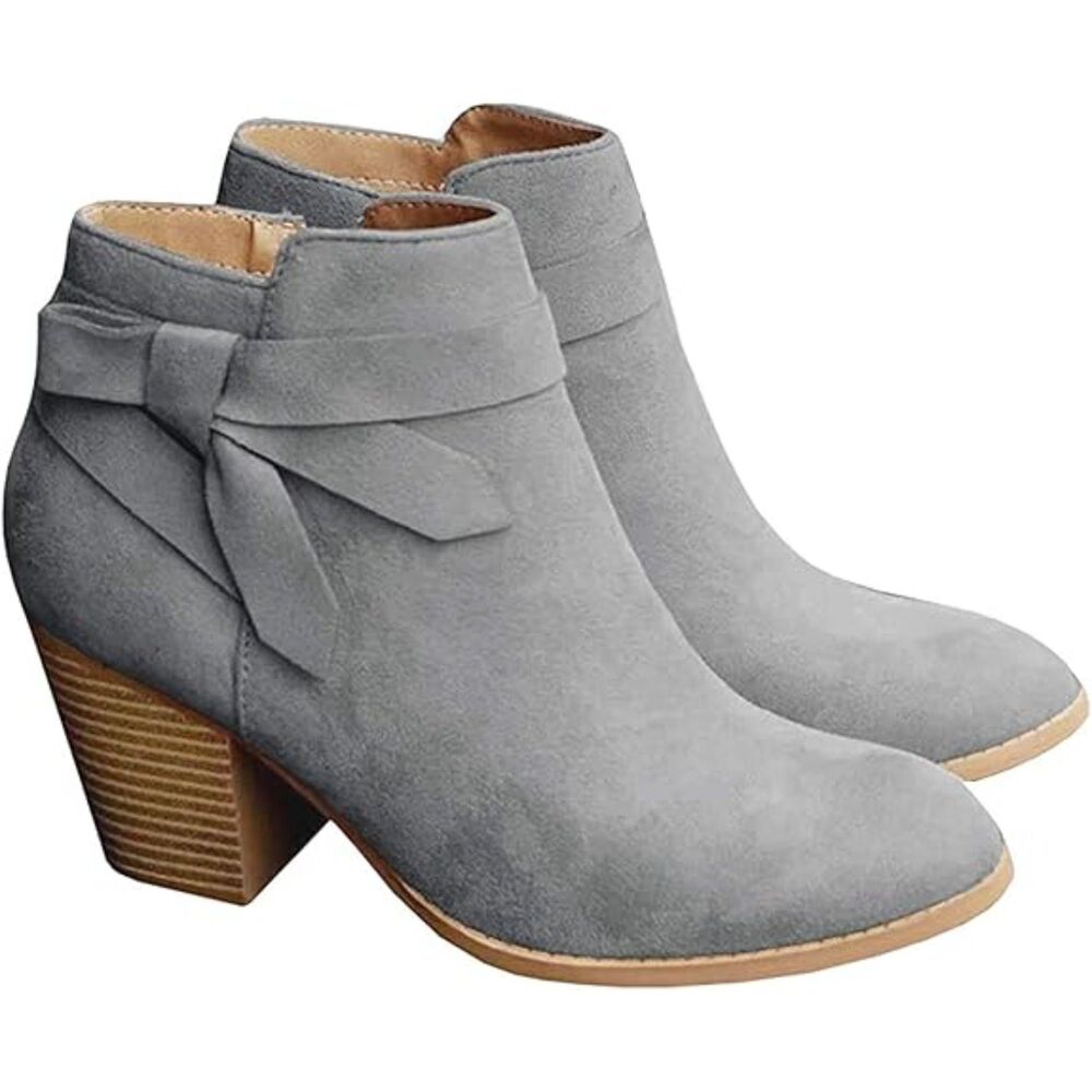 Women's Grey Closed Toe Stacked Heel Tie Knot Side ZIP Chelsea Pump Ankle Boots